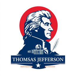 An artistic logo design inspired by Thomas Jefferson, featuring his silhouette alongside iconic elements of American history such as the Declaration of Independence, Monticello, and a quill pen