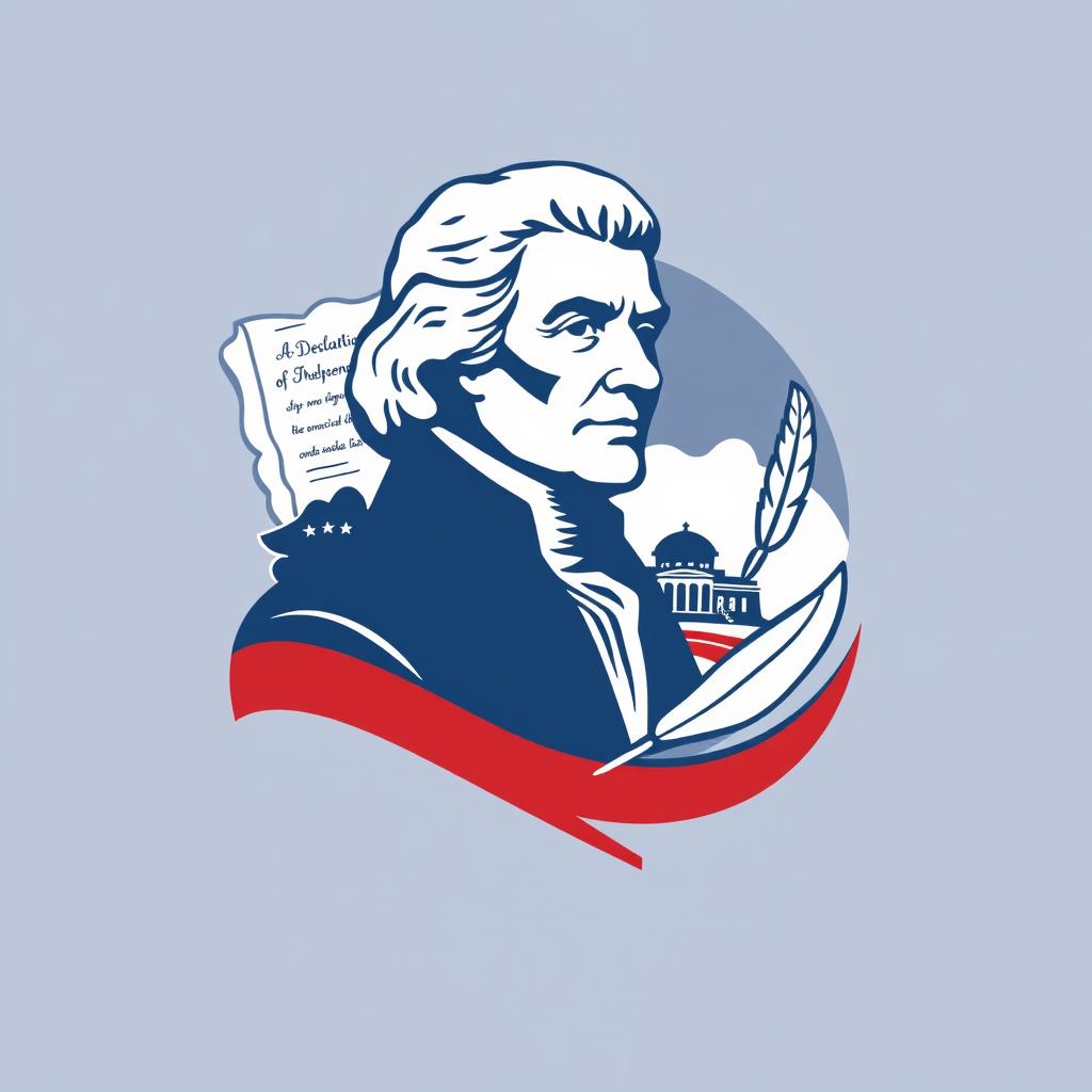 An artistic logo design inspired by Thomas Jefferson, featuring his silhouette alongside iconic elements of American history such as the Declaration of Independence, Monticello, and a quill pen