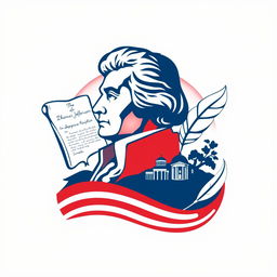 An artistic logo design inspired by Thomas Jefferson, featuring his silhouette alongside iconic elements of American history such as the Declaration of Independence, Monticello, and a quill pen