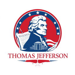 An artistic logo design inspired by Thomas Jefferson, featuring his silhouette alongside iconic elements of American history such as the Declaration of Independence, Monticello, and a quill pen