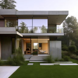 A modern exterior design of a house, showcasing clean lines, geometric shapes, and mix of materials like glass, steel, and concrete, in a serene, landscaped setting