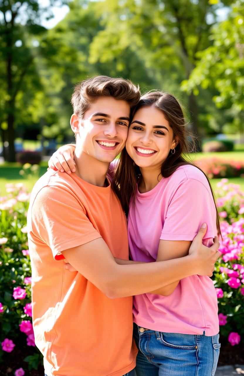 A young man and a young woman in a warm embrace, smiling joyfully