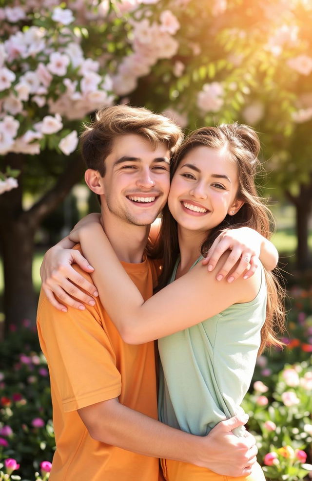 A young man and a young woman in a warm embrace, smiling joyfully