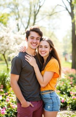 A young man and a young woman in a warm embrace, smiling joyfully