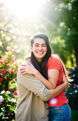 A young man and a young woman in a warm embrace, smiling joyfully