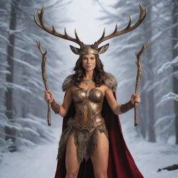 Depict a commanding female superhero with a blend of deer and moose antlers adorning her head and a long stick weapon in her hold. Accompanied by a majestic spirit moose, empowers her with added magical strength