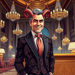A captivating illustration of Satan portrayed as a hotel manager who resembles George Clooney