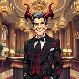 A captivating illustration of Satan portrayed as a hotel manager who resembles George Clooney