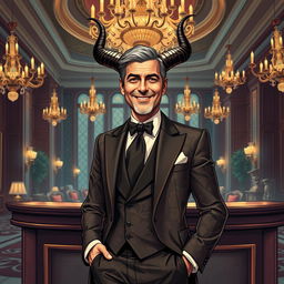 A captivating illustration of Satan portrayed as a hotel manager who resembles George Clooney