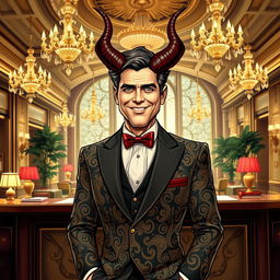 A captivating illustration of Satan portrayed as a hotel manager who resembles George Clooney