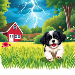 An A4-sized vibrant illustration of a summer garden scene, featuring a playful Havanese puppy with white and black fur frolicking in lush green grass