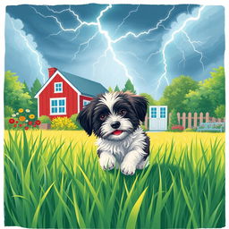 An A4-sized vibrant illustration of a summer garden scene, featuring a playful Havanese puppy with white and black fur frolicking in lush green grass