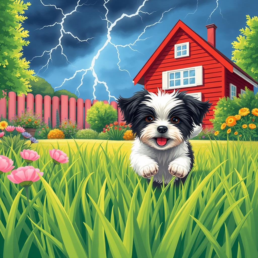 An A4-sized vibrant illustration of a summer garden scene, featuring a playful Havanese puppy with white and black fur frolicking in lush green grass