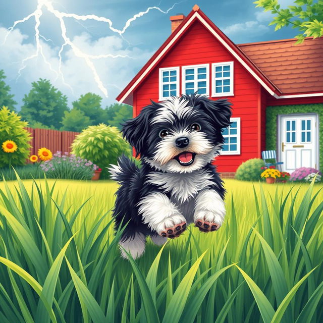 An A4-sized vibrant illustration of a summer garden scene, featuring a playful Havanese puppy with white and black fur frolicking in lush green grass