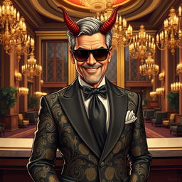 A striking illustration of Satan personified as a suave hotel manager resembling George Clooney