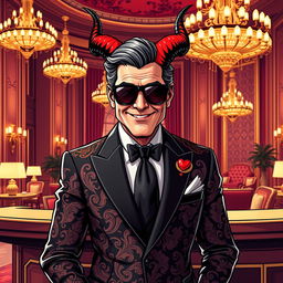 A striking illustration of Satan personified as a suave hotel manager resembling George Clooney