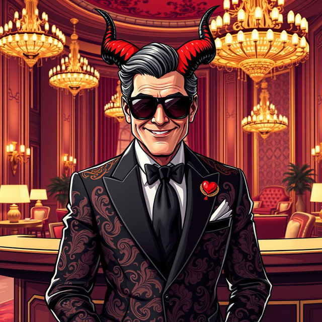 A striking illustration of Satan personified as a suave hotel manager resembling George Clooney