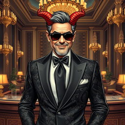 A striking illustration of Satan personified as a suave hotel manager resembling George Clooney