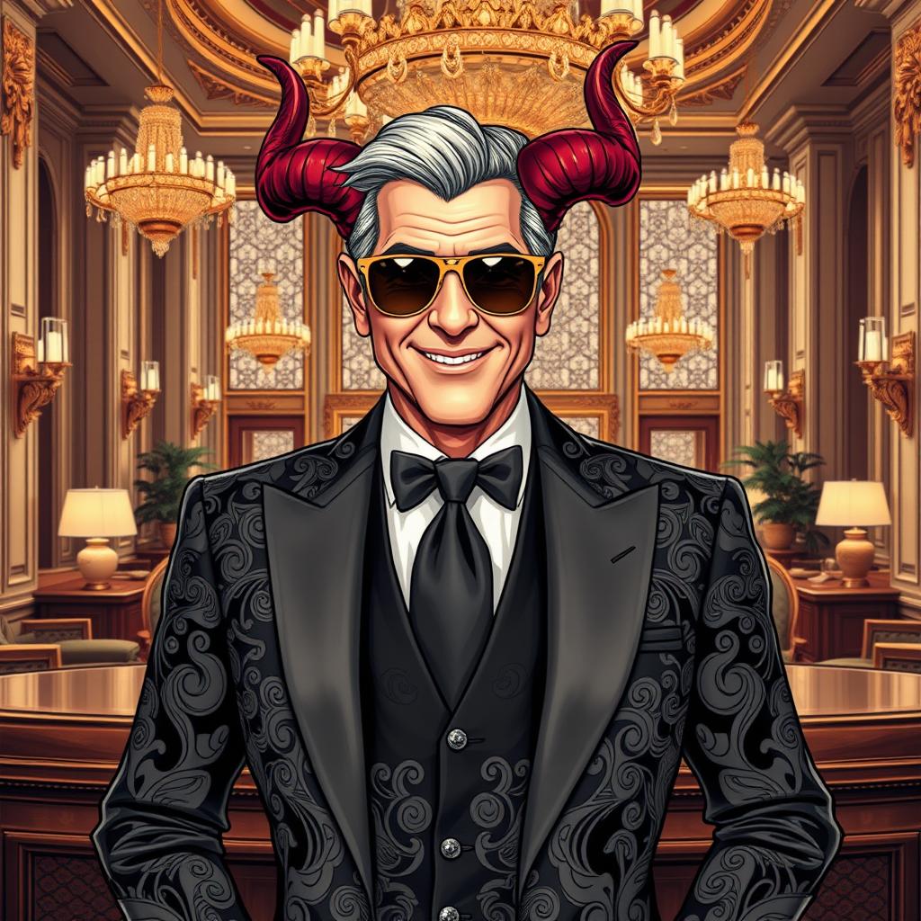 A striking illustration of Satan personified as a suave hotel manager resembling George Clooney