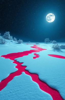 A surreal winter landscape featuring vibrant red splashes on a pristine blanket of white snow, with a luminous full moon shining brightly in a starry night sky