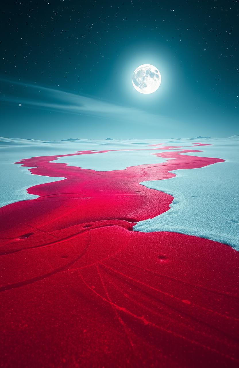 A surreal winter landscape featuring vibrant red splashes on a pristine blanket of white snow, with a luminous full moon shining brightly in a starry night sky