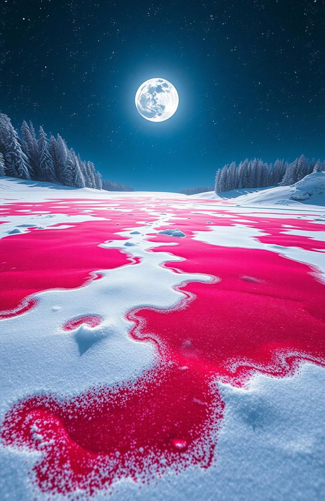 A surreal winter landscape featuring vibrant red splashes on a pristine blanket of white snow, with a luminous full moon shining brightly in a starry night sky