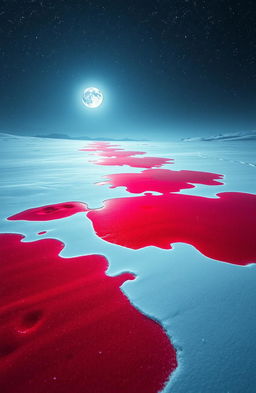 A surreal winter landscape featuring vibrant red splashes on a pristine blanket of white snow, with a luminous full moon shining brightly in a starry night sky
