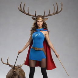 Draw a commanding female superhero with deer and moose antlers on her head, holding a long stick weapon. She's paired with a spirit moose, her superpower animal, enhancing her strength and agility