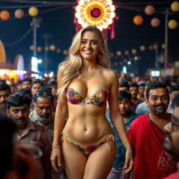 A busty blonde woman wearing a strapless colorful small bikini that showcases her big cleavage and very small panties