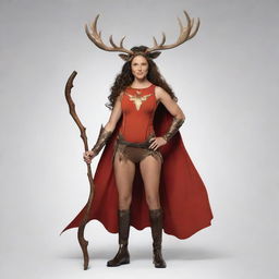 Draw a commanding female superhero with deer and moose antlers on her head, holding a long stick weapon. She's paired with a spirit moose, her superpower animal, enhancing her strength and agility