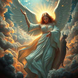 A dramatic and enchanting scene illustrating the moment God, depicted as a powerful and majestic woman, casts out Lucifer from Heaven