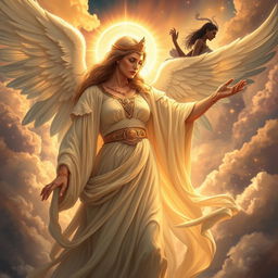 A dramatic and enchanting scene illustrating the moment God, depicted as a powerful and majestic woman, casts out Lucifer from Heaven