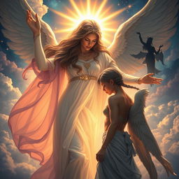 A dramatic and enchanting scene illustrating the moment God, depicted as a powerful and majestic woman, casts out Lucifer from Heaven
