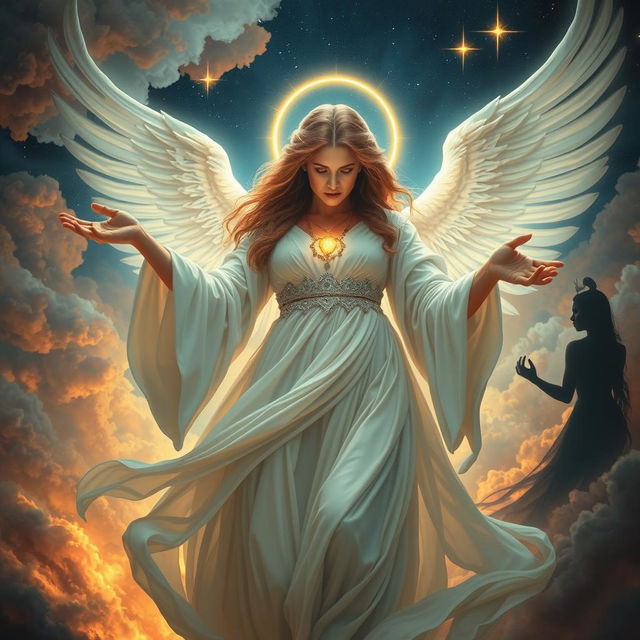 A dramatic and enchanting scene illustrating the moment God, depicted as a powerful and majestic woman, casts out Lucifer from Heaven