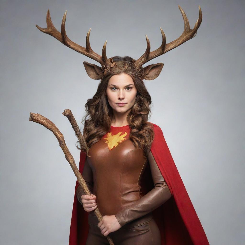 Draw a commanding female superhero with deer and moose antlers on her head, holding a long stick weapon. She's paired with a spirit moose, her superpower animal, enhancing her strength and agility