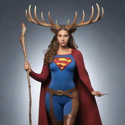 Draw a commanding female superhero with deer and moose antlers on her head, holding a long stick weapon. She's paired with a spirit moose, her superpower animal, enhancing her strength and agility