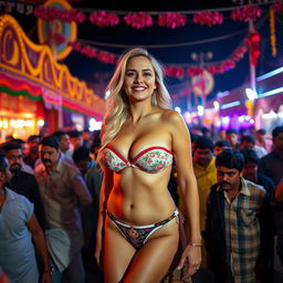 A blonde woman wearing a strapless bikini that accentuates her big figure and small panties