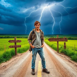 A young man standing confidently at a country crossroad, surrounded by lush green fields and a vast blue sky