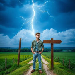A young man standing confidently at a country crossroad, surrounded by lush green fields and a vast blue sky
