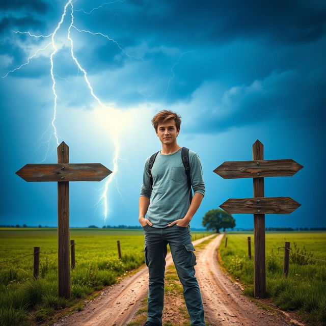 A young man standing confidently at a country crossroad, surrounded by lush green fields and a vast blue sky