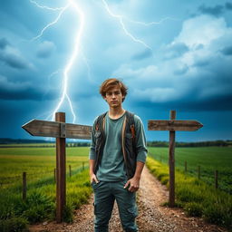 A young man standing confidently at a country crossroad, surrounded by lush green fields and a vast blue sky