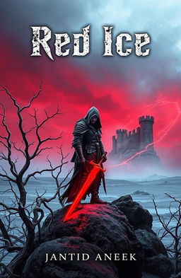 The cover of a grimdark fantasy novel titled "Red Ice", featuring a desolate, icy landscape under a stormy, crimson sky