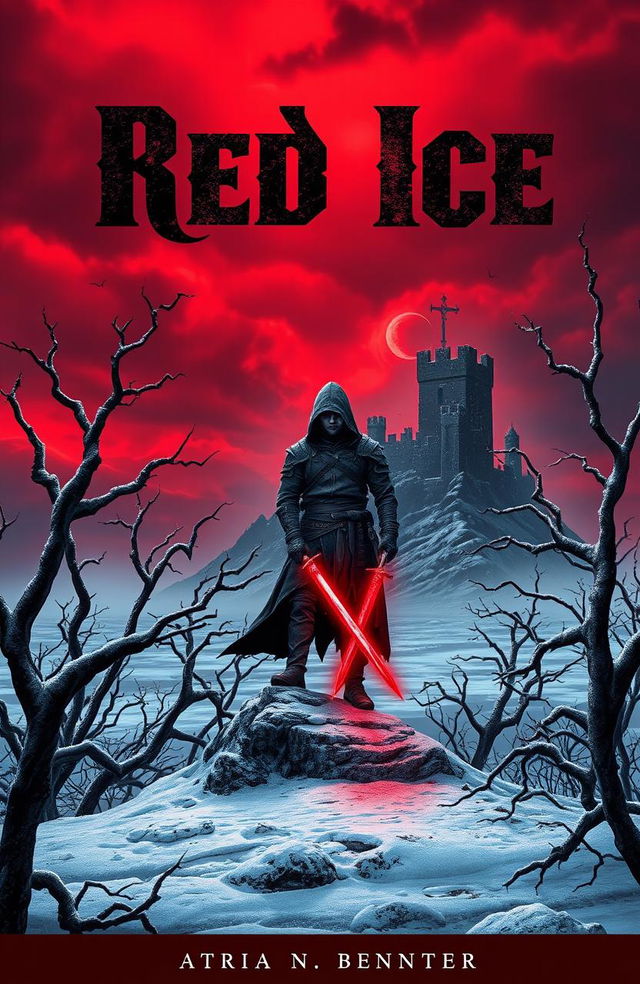 The cover of a grimdark fantasy novel titled "Red Ice", featuring a desolate, icy landscape under a stormy, crimson sky