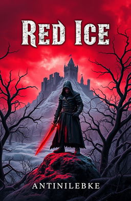 The cover of a grimdark fantasy novel titled "Red Ice", featuring a desolate, icy landscape under a stormy, crimson sky