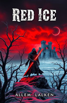 The cover of a grimdark fantasy novel titled "Red Ice", featuring a desolate, icy landscape under a stormy, crimson sky