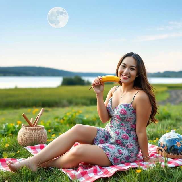 A beautiful 40-year-old woman sitting on a picnic blanket in a vibrant field next to a tranquil lake