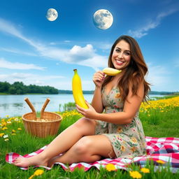 A beautiful 40-year-old woman sitting on a picnic blanket in a vibrant field next to a tranquil lake