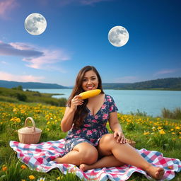 A beautiful 40-year-old woman sitting on a picnic blanket in a vibrant field next to a tranquil lake