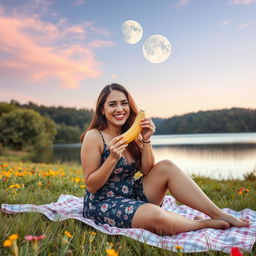 A beautiful 40-year-old woman sitting on a picnic blanket in a vibrant field next to a tranquil lake
