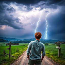 A young man standing with his back to the viewer at a country crossroad, gazing out over the scenic landscape